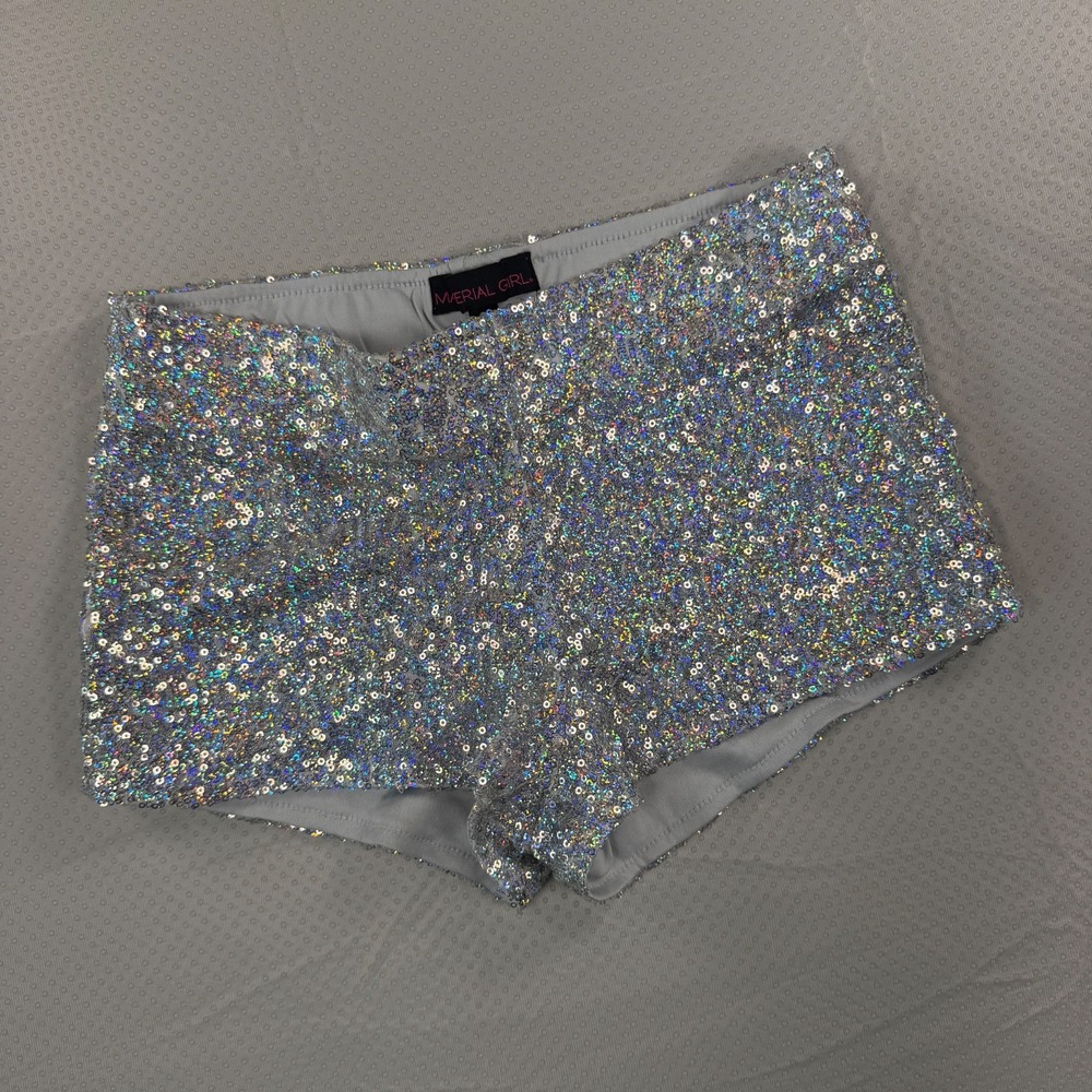 MaterialGirl Silver Iridescent Sequin Shorts Women Small Sparkly Hot Pants